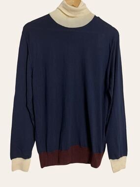 Eleventy Navy Colorblock Turtleneck Wool Cashmere Pullover Sweater Size M
